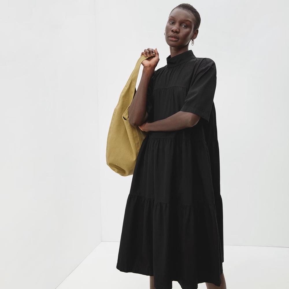 Everlane The Tiered Mockneck Dress Cotton Knee Length Black Size M